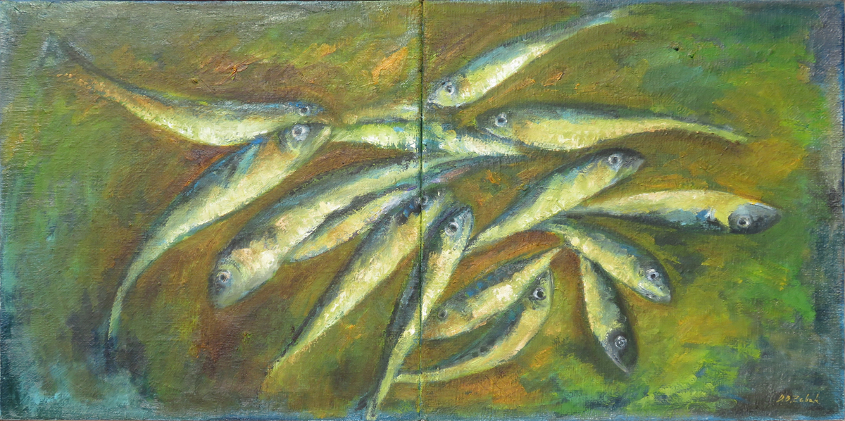Fishes I, 55x110 cm, oil on canvas, 2017.